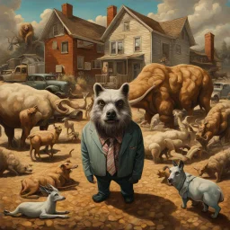 "State of the Union 2" by John Brosio, surreal Larger-Than-Life Animals Terrorize Suburban Towns in oil Paintings, dramatic cinematic stop motion, impressionism, concept art, realistic Norman Rockwell style.