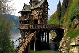 small wooden medieval gothic twisted house built into a cliff, trees, balconies, walkways, bridge, sunshine, lake