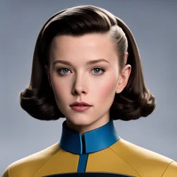blonde Millie Bobby Brown as data from next generation, she as an almost plastic face and wears the iconic Star Trek uniform