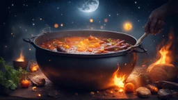 delicious stew bubbling in a cauldron suspended over heat, outside, night, stars, moon, fireflies, award-winning photograph, beautiful composition, exquisite detail and illumination