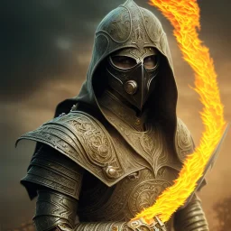 warrior walking into the flame, cinematic, HDR, highly detailed, mask cover whole face and hood, scull mask, ProPhoto RGB, Half rear Lighting, nsane details, intricate details, 32k, Super-Resolution, DOF, Color Grading, Depth of Field, ghost, messenger of death, non photorealistic rendering