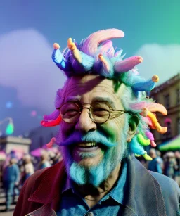 Ultra Realistic photo, medium shot view, drunken sweet happy old man, carnival scene, monster hair, steampunk style. Blue hair, confeti, smile, happy, festival, ovnis, gradient color fog. highly detailed, concept art, unreal engine 5, ray tracing, RTX, lumen lighting, ultra detail, volumetric lighting, 3d, finely drawn, high definition, high resolution.