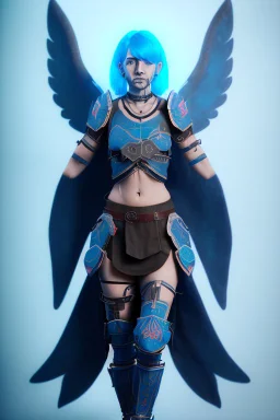 a person in runic armor with blue wings, blue short hair, runic tattoo and spell book