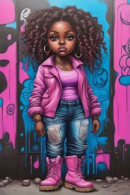 A futurism-inspired, steampunk oil painting of a plus-size chibi dark-skinned Black female wearing a pink blue jean outfit with Timberland boots. She has prominent makeup and brown eyes, with highly detailed tight curly ombre dread locs. The image is in a graffiti style.