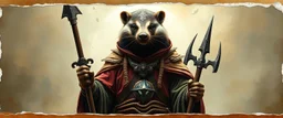 3d airbrush render, full body of elven badger warrior priest , pinhole cam, airbrush 3d rendering, in the style of Titian and Dali , torn edges on border