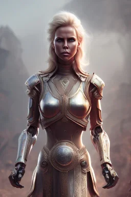 charlize theron robot makeaup colored, viking clothes atmospheric, realistic, unreal engine, cinematic lighting, octane render.