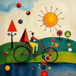 create a whimsical surreal artwork in the style of Joan Miró, symbolic non-human geometric figures on a bicycle, surrounded by floating abstract shapes, colorful triangles as trees, circles like cosmic symbols, a segmented sun dominating the sky, dreamlike vibrant palette with playful textures --ar 16:9 --v 7 --style 4b --q 2