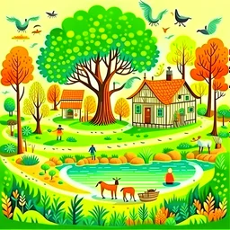 Village on Earth having beautiful tree, Home with Garden and form of goat , Cow. Beautiful pond in which fish, like catfish ornament fishes, people working in farm
