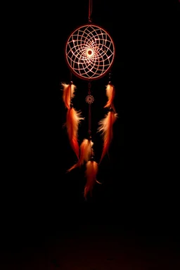 a dreamcatcher made of light, natural red tones, brown dirt ground long bottom, dark background