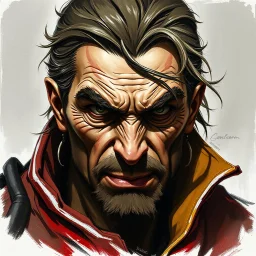 dnd, fantasy, handpainted, renaissance, large strokes, stylistic, portrait, illustration, artistic, professional illlustration, male, face, weathered face, sly, violent, evil, vigorous, rogue, criminal
