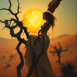 A dramatic surreal painting of a dusty desert mesa at twilight. A mysterious feminine figure emerges from the shadow of twisted creosote branches, her form entwined with thorny vines climbing slowly toward a blazing, boiling sun. Her skin is ethereal and dangerous; as a hand reaches to touch her, blood drips from the fingers. The atmosphere is haunting, poetic, and mythological. Use a painterly, cinematic style, with golden oranges, deep reds, dusty browns, and shimmering highlights. --v 7 --sty