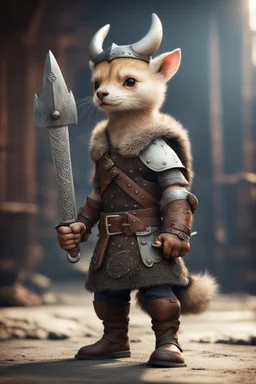 portrait of cute fast historic strong viking weasel with horned viking gauntlets, helmet & boots holding ornate viking sword in fallout 4 setting, bokeh, downlight, prize winning, depth of field, in the style of ivo caprino