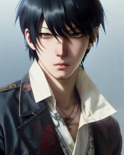 Detailed sad male anime boy with long brown hair, intricate details, full body portrait, keep head in frame, slight, black Japanese motif, concept art, highly detailed, digital painting, concept art, sharp focus, illustration, art by Yoji Shinkawa, WLOP and greg rutkowski and alphonse mucha and artgerm and yanjun Chen and Junji ito and Makoto Shinkai, HDR, octane render