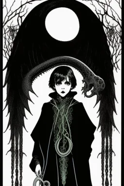 7 year old boy, necromancer, friendly, looks dead,with a lamprey serpent , wearing black robes, in the style of Harry Clarke