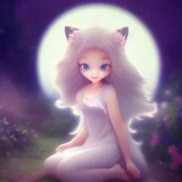 Cute beautiful princess fox kawai girl in the moonlight; beautiful eyes with beautiful eyelashes, glowing aura, shimmering light, magical world, extremely detailed long curly fur, high quality picture, beautiful full volumetric lighting, cinematic shimmering illumination, brilliant coloring, smooth, sharp focus, crispy quality, vray; Pixar, Disney, Artstation; HD, HDR, SF, CGSociety, 16k, photorealistic, unreal engine