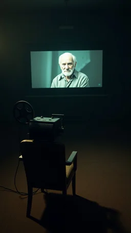 An old movie projector in side an empty dark room with an empty chair facing the screen, in the screen is picture of an old man on the , show the beam of the projector to the screen