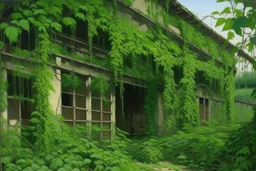 A green warehouse with overgrown vines painted by Henri Robert-Bresil