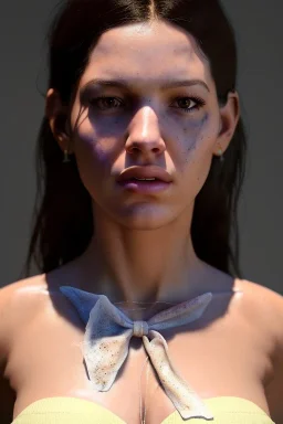 Realistic image, Rosalía artist, natural body ,portrait, standard complexion body, portrait, two bows, torn t-shirt, fog, vibrant color, highly detailed, art stations, concept art, smooth, unreal engine 5, god rays, ray tracing, RTX, lumen lighting, ultra detail, volumetric lighting, 3d.