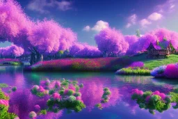 monde en fleurs, blue lake, flower tree-houses, concept art, crépuscule , fuksia bleu oranger, vibrant Color, réaliste, riviere bleu, tree-house bougainvillier, roses