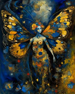 A strange old thin fairy with detailed shapes, head wrapped in dark cloth. Colorful butterfly wings. It stands in the gold, black and blue space of a flower hell. Abstract expressionism, grunge textured grainy oil colors on canvas. Disturbing depressive. Soft brush strokes Gustav Klimt.