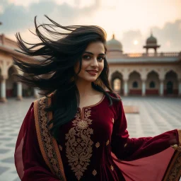 Photographic Long Shot View, Pakistani, Pashto, Cultural, Young, Extremely Beautiful Woman, Black Hair Whirling, Subtle Bold Expressions, Beautiful Eyes, & A Little Smile, Beautiful Cloudy Sunset, Wearing Maroon Velvet Dress With Golden Embroidery & Orange Banarasi Pattern & Maroon Dupatta With Golden Lace Work, Her Dress Whirling, In A Palace's Courtyard, With Cloudy Sunset Golden Hour Theme, Cinematic & Dramatic Ambiance.