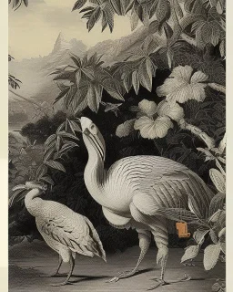 a repeating pattern of Vintage European chinoiserie wallpaper with dodo bird and oak leaf branches