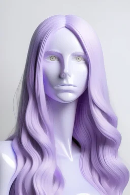Full rubber female face with rubber effect in all face with pastel purple long hair sponge rubber effect in white