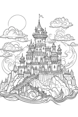 A spooky castle on a hill, surrounded by fog and illuminated by lightning. Outline, sketch style, only use outline, mandala style, clean line art, white background, no shadows, no clear wall, coloring page.