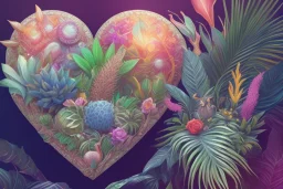 Tropical flowers, realistic heart drawing, crystals, tropical leaves, sacred altar, Fantasy home, cute animal.