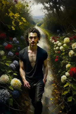 Oil painting expresses a road full of beautiful flowers and around this road thick thorns and at the end of the road stands a very handsome man with black hair oil painting