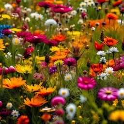 A close-up photograph of a vibrant field of wildflowers, displaying the array of colors and textures found in nature.