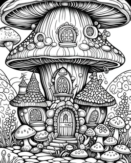 full Mushroom houses Coloring Book for Adults and Kids, Instant Download, Grayscale Coloring Book