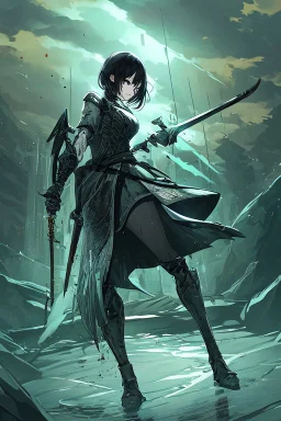 Anime girl with short black hair and sharp green eyes, holding a pike, full body black and white metal plate armour, full body shot, Dramatic lighting,1woman, soaked in blood, Warrior, standing pose, sword at the waist, close shot, lean body,