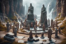 archeologists discovering storm giant people in minas tirith worshipping statues and idols, on a strange planet with weird colors and waterfalls, bokeh like f/0.8, tilt-shift lens 8k, high detail, smooth render, down-light, unreal engine, prize winning