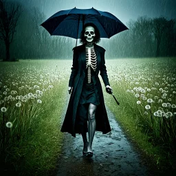 surreal grainy photograph, undead aristocratic woman facing the camera walking a beaten path in an empty dandelion meadow in the pouring rain holding an umbrella made of rib cage bones, sinister, profound, dramatic, and fantastical dark dream atmosphere of the scene