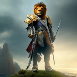 anthropomorphic Lion Warrior, realistic, HD4k, watery cloud background, close up shot,