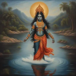 An oil painting of godess Kali crossing a lake