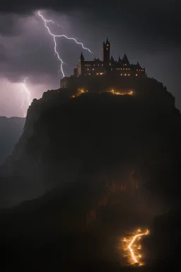 A grand castle's silhouette illuminated by lightning, atop a craggy hill.