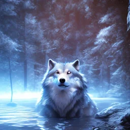 Wolf, blue, hyperrealism, masterpiece, expert, 8K, sharp focus, cinematic lighting, water, fire, blue, octane render