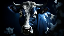 A serene, almost ethereal image of a bull's face, painted in deep indigo, adorned with delicate white jasmine blossoms, captured in soft focus under the diffused light of a studio setting.