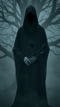 In a mesmerizing and ethereal manner, an otherworldly being emerges in the form of a translucent black hood statue flowing smoky black robes. He is holding a bouquet of black roses, in a foggy dark environment, Forward facing a big tree in the background