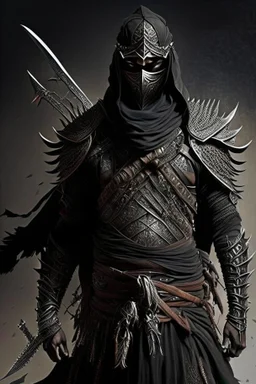 Arab warrior Full Body Full Armored Wearing Face Masculine Mysterious Powerful Fantasy High Quality with his bow black clothes his soldiers behind him