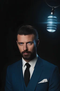 a white man - Eldridge A. Jones with crew-cut dark brown hair tapered on the sides, bangs over the forehead, goatee, bushy eyebrows, blue eyes, wearing a three-piece suit - resembles Elvis Presley, pitch black background with an overhead spotlight effect, professional quality studio 8x10 35mm photograph