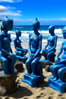 A blue and dark blue mermaid kingdom on a beach designed in Hawaiian tiki statues painted by Mark Rothko