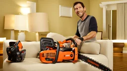 man uses chainsaw on brand new couch in living room