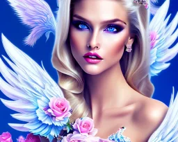 jolie femme avec longs cheveux blonds - joli visage souriant et beau corps bien formé , beaux yeux bleus - grandes ailes bleu ciel , ciel bleu fleurs blanches et roses. robe en soie, jolies dents, jolis yeux, picture precise and hight quality, bikini ambiance rose pÂle