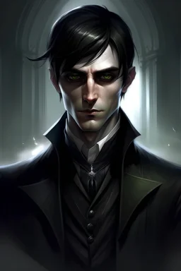 the dark butler, young elf with dark hair, dark clothes, shadow magic, expressive eyes