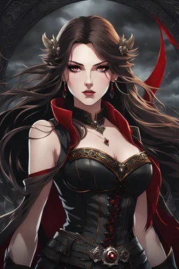 An arrogant looking young woman with pale skin and long brown hair in a stormy dark fantasy setting with intricate details. She is wearing black and read leather, has red eyes, an air of malevolent power surrounds her. Anime style. High definition.