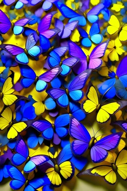 Many butterflies in all yellow purple - blue
