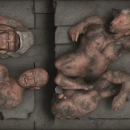 close up 35mm lens, top view of three gipsy prisoners 45 years old sleeping laying down inside a dirty jail, ugly, bullneck, strong beefy, in tank top, manly chest, tattoo, misery and poverty, photorealistic, ultradetailed, 32keyes